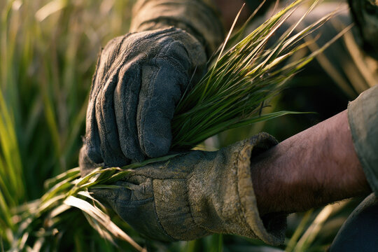 Worn garden glove touch grass, closeup, green grass, human hand, dry skin, natural light, documentary style