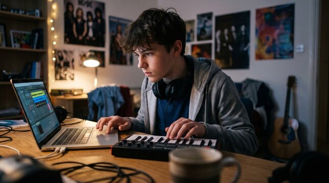 Teenager composing music on laptop and MIDI controller in bedroom