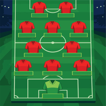 Football Team Formation Board Lineup Infographic Template with Red Soccer Jerseys and Editable Player Name Tags, 3D Stadium Background Vector Illustration