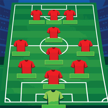 Football Team Formation Board Lineup Infographic Template with Red Soccer Jerseys and Editable Player Name Tags, 3D Stadium Background Vector Illustration