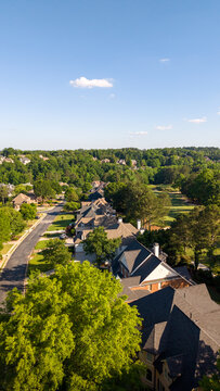 Aerial vertical view of upscale subdivision in suburbs of USA