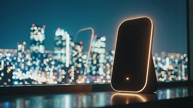 A sleek modern lamp stands on a table, gradually illuminating as the city skyline sparkles in the background. Transition from darkness to a warm glow, enhancing the urban atmosphere