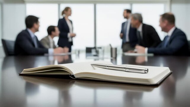Focused medium shot on notebook and pen with reinsurers and cedents exchanging ideas about proportional treaty conditions faces softly out of focus in the background.