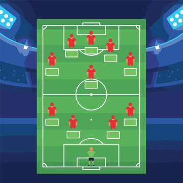 Football Team Formation Board Lineup Infographic Template with Red Soccer Jerseys and Editable Player Name Tags, 3D Stadium Background Vector Illustration