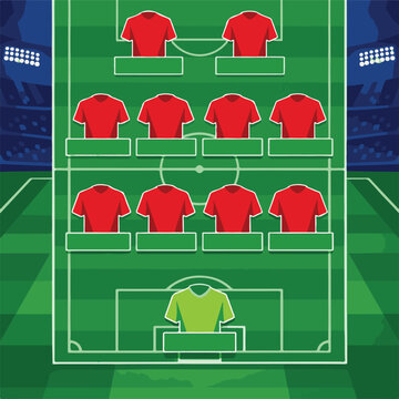Football Team Formation Board Lineup Infographic Template with Red Soccer Jerseys and Editable Player Name Tags, 3D Stadium Background Vector Illustration