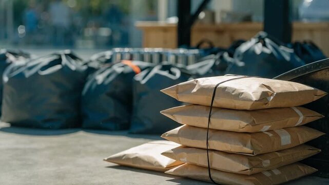 Focused view of a courier pickup zone envelopes ready in clear focus with waiting courier bags and equipment softly blurred behind.