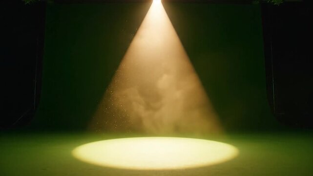 Theatrical spotlight beam shines down on a studio stage with cinematic lighting effects.