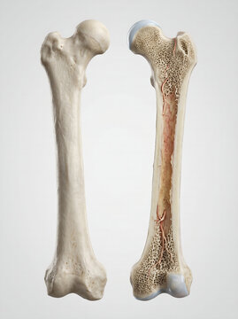 Detailed 3D render illustrating human femur anatomy, showcasing both an intact thigh bone and a longitudinal cross-section revealing its internal structure with marrow