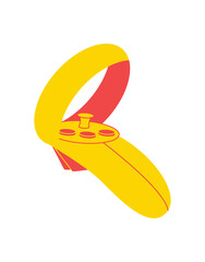 Modern flat VR controller in bold yellow and red, futuristic virtual reality device with y2k feel. Videogame gadget and game pad icon for player video entertainment, tech style element. © Moonnoon