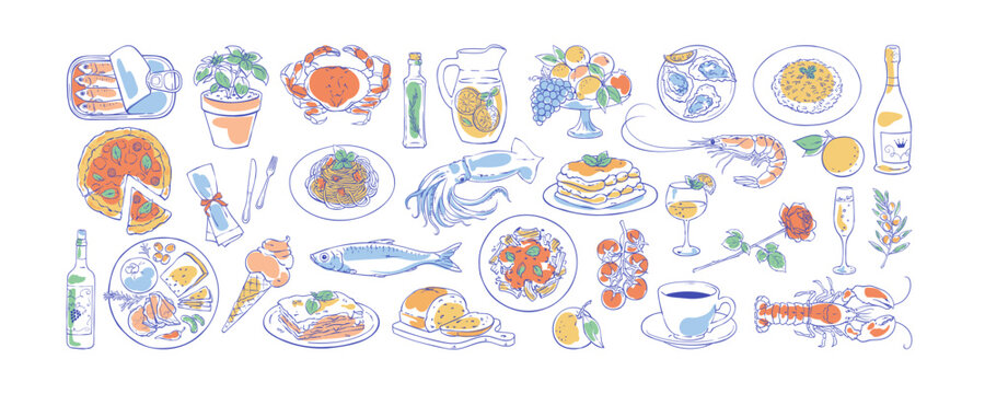 Italian dinner food watercolor doodle set with pasta, pizza and seafood on white background. Hand drawn italian illustration with fruit, wine and dinner icons for restaurant menu design cute handdrawn
