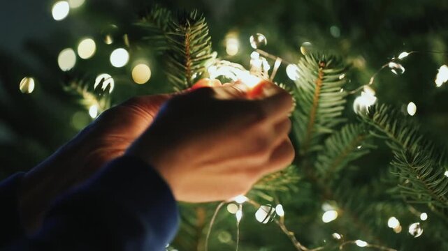 Christmas Tree Garlands light.Hands unspool a string of lights against the backdrop of a glowing Christmas tree. 4k footage