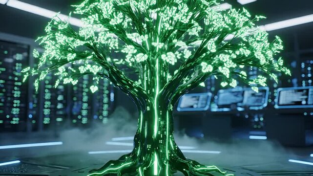 Glowing Green Digital Tree Symbolizing Technology and Nature Integration.