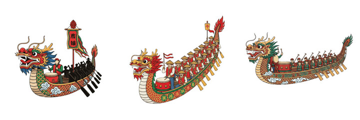 Dragon Boat Festival Racing Boats Set, Traditional Chinese Cultural Celebration Vessels with Rowers, Isolated on transparent PNG background © kingdom