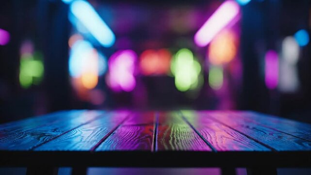 Wooden table with neon lights background in a night club or bar scene with vibrant colors and bokeh effect