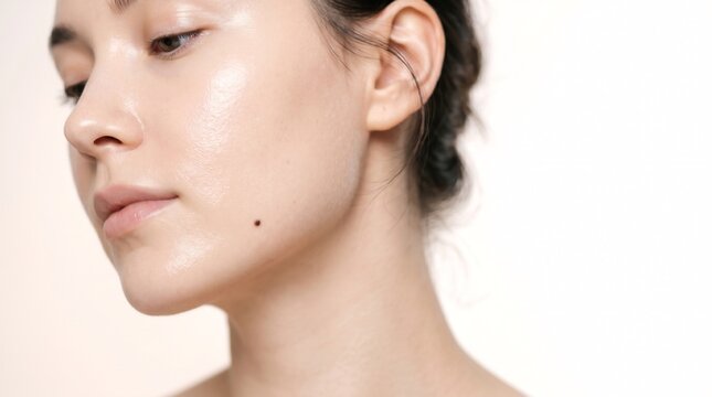 Young woman with beauty mark on cheek showing clean clear skin