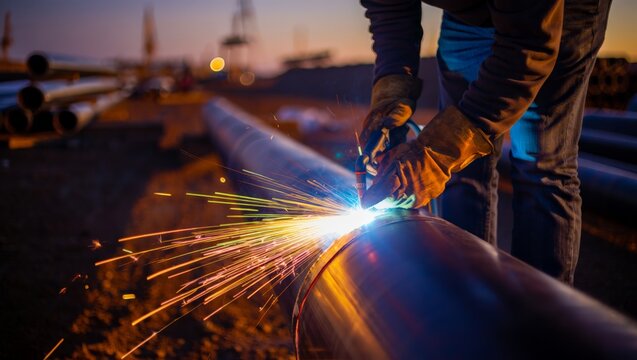 A pipeline welder bends over a large steel pipe outdoors at dusk, sending a shower of golden sparks flying against a beautiful warm orange and blue sunset sky at a construction site.