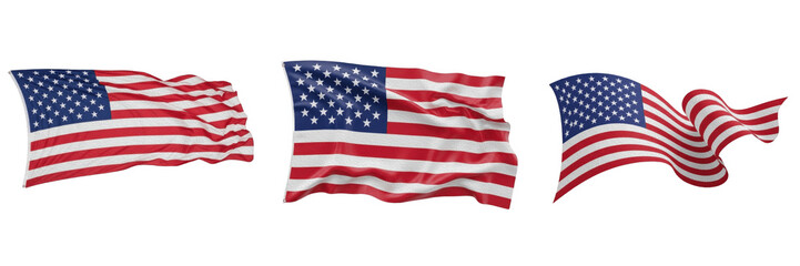 Fototapeta premium Set of Waving USA Flags Isolated on White Background. Realistic American Flag Motions for Patriotic Designs, Independence Day, Political Events, Memorial Day, National Holidays, and Professional Brand
