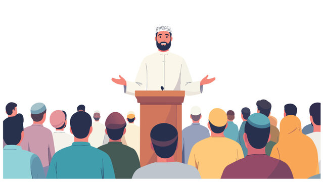 A Muslim imam or ustaz delivering a sermon or khutbah from a podium to a congregation of listeners, representing Islamic education and religious guidance.