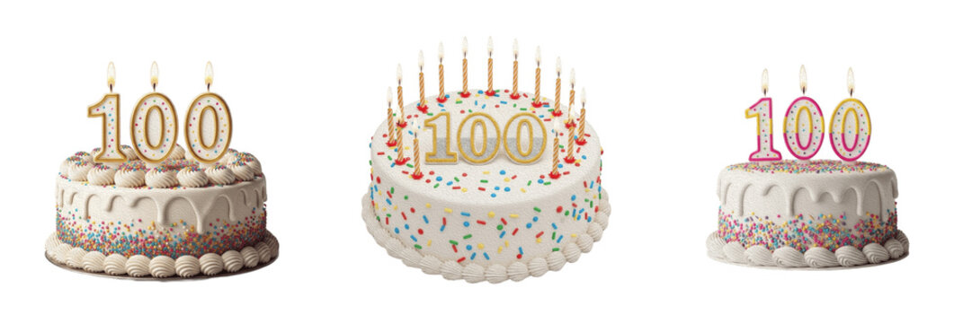 Set of 100th Birthday Cakes Isolated on White Background. Decorative Celebration Cakes with Number 100 Candles and Sprinkles for Centenary Anniversary, Milestone Birthday, Party Invitations, and Festi