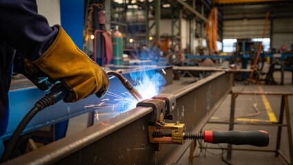 Close-up of a welder's leather-gloved hand striking a MIG arc on a large steel I-beam. Bright blue arc and sparks scatter while a clamp holds the workpiece in a well-lit industrial factory. © olga_demina