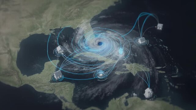 Parametric coverage concept captured with a detailed hurricane map in focus emphasizing rapid claim settlements as surrounding regions fade into soft blur.