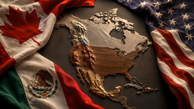 North America relief map with flags, 3D topographic continent model, United States Canada and Mexico flags concept