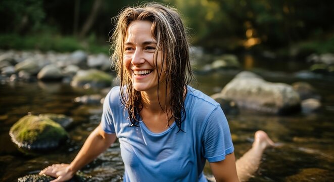 Smiling Young Woman Sitting in Shallow Rocky River in Forest
