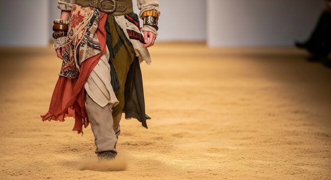 Layered Bohemian Costume Walking on Sandy Runway During Fashion Show