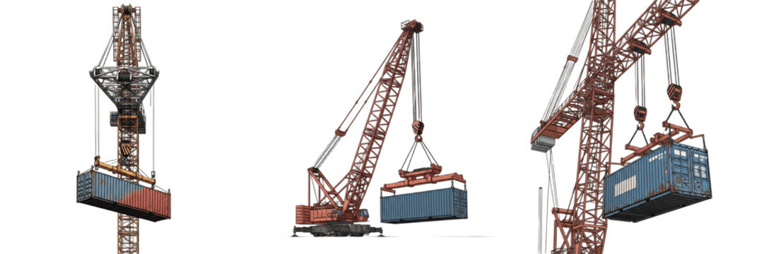 Industrial Cranes Lifting Shipping Containers: Heavy Construction Machinery and Logistics Equipment, Isolated PNG Set for Engineering and Cargo Projects