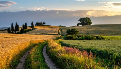 Obraz premium A winding dirt road leads through golden wheat fields and rolling hills under a soft, cloudy sky.