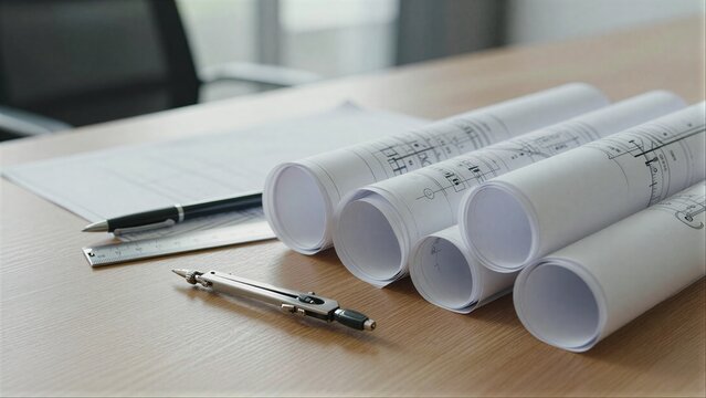 Architectural blueprints and drafting tools on a wooden table.