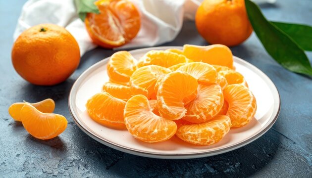 A vibrant display of peeled mandarin orange segments and whole fruits presents a refreshing and healthy snack.