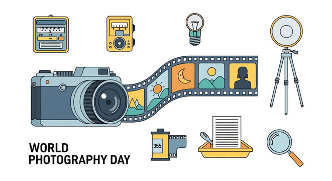 World Photography Day Illustration with Camera and Film Elements