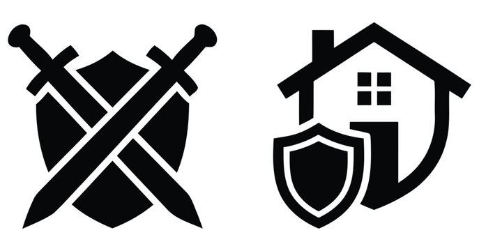 black shield icons with sword and house on white background