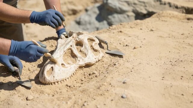 Close-up of an archaeologist excavating a dinosaur skull fossil from sand. Scientist hands using a brush and tools to uncover ancient bones. Copy space for text