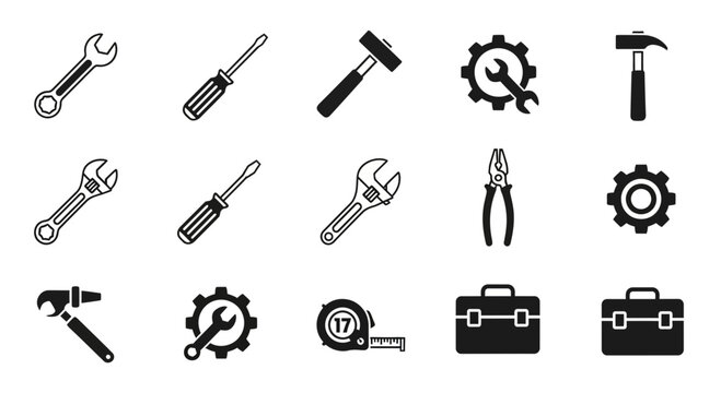 Collection of Tools Icons: Wrench, Screwdriver, Hammer, Pliers, Gear, Tape Measure, Toolbox