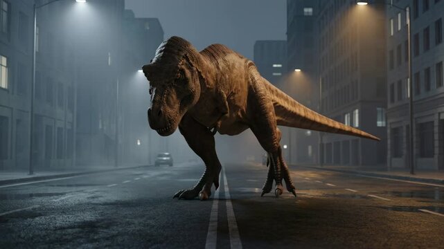 Tyrannosaurus Rex walking down an empty foggy city street at night. Giant prehistoric dinosaur on wet asphalt under amber streetlights