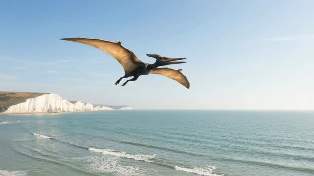 Pteranodon gliding over the ocean. Prehistoric flying reptile soaring past white chalk cliffs on a sunny day. 3D animation