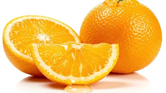 Fresh orange fruit with its half and sliced wedges, pouring a stream of orange juice, on a white background