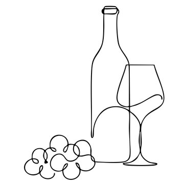 Continuous line drawing of a wine bottle, a glass, and grapes