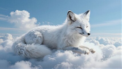 Fototapeta premium White fox lounges atop fluffy clouds under a serene blue sky.