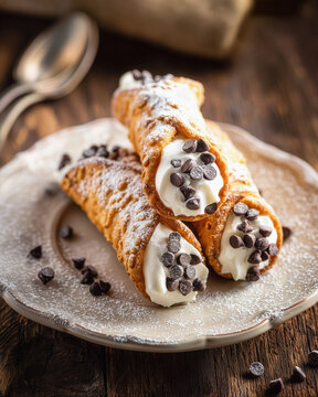 Crispy Italian cannoli filled with smooth ricotta cream and topped with chocolate chips