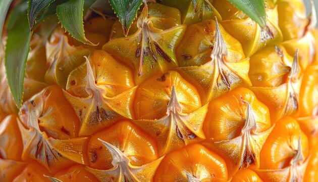 A close-up shot showcases the intricate texture and vibrant yellow-orange hues of a ripe pineapple, highlighting its unique geometric pattern and natural beauty.