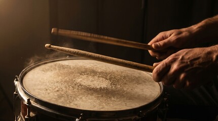 Obraz premium Drummer Hands Striking Snare Drum with Sticks in Dramatic Studio Light — Music Performance Concept