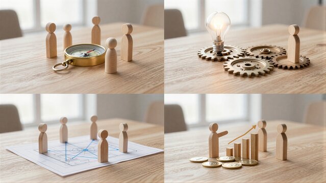 Wooden figures represent teamwork innovation strategy and success in