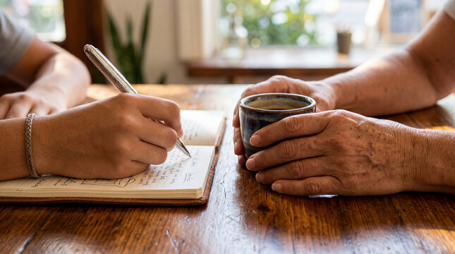 Close Up of Young Person Taking Notes During Interview With Senior Woman. Grandchild Writing Down Grandmother's Life Stories in Notebook at Cafe Table