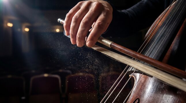 Musician Hand Holding Bow Playing Cello with Rosin Dust in Concert Hall &mdash; Classical Music Concept