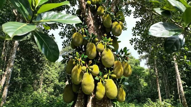 Abundant jackfruit tree laden with numerous large ripe fruits in a sunny forest environment