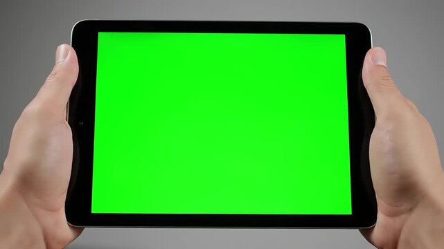Hands holding a tablet with a green screen, perfect for custom content creation and digital display needs