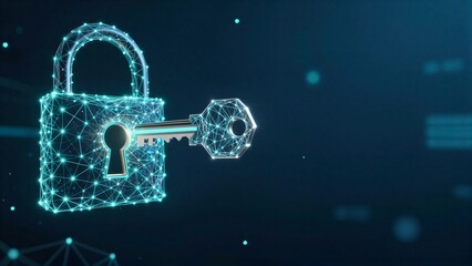 Digital lock and key glowing with blue network lines symbolizing